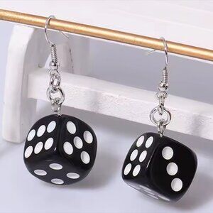 Black Dice Dangle Earrings White Spots Silver Hooks